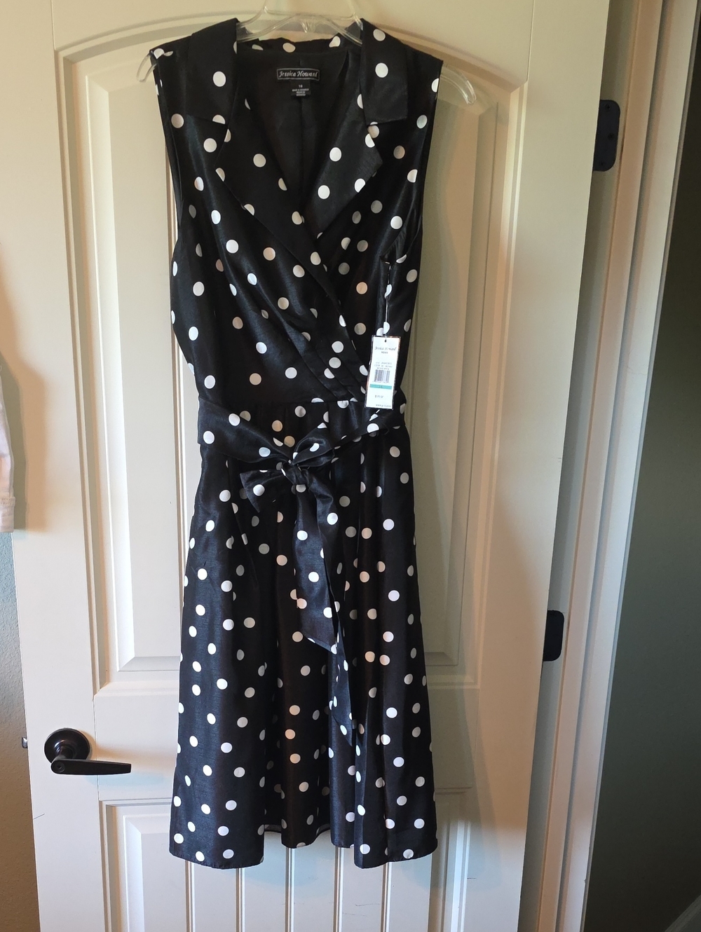 Jessica Howard Black and White Polka Dot Sleeveless Wrap Dress